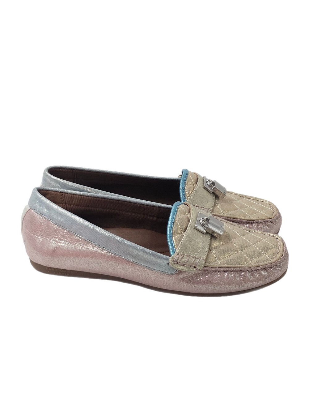 Kurt Geiger London Brixton Moc Metallic Quilted Loafers Pink Gold Teal 38
